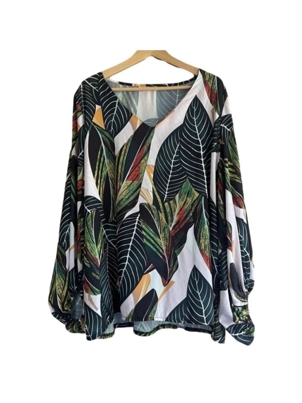 Tropical print balloon sleeve lightweight v-neck plus size 2X blouse